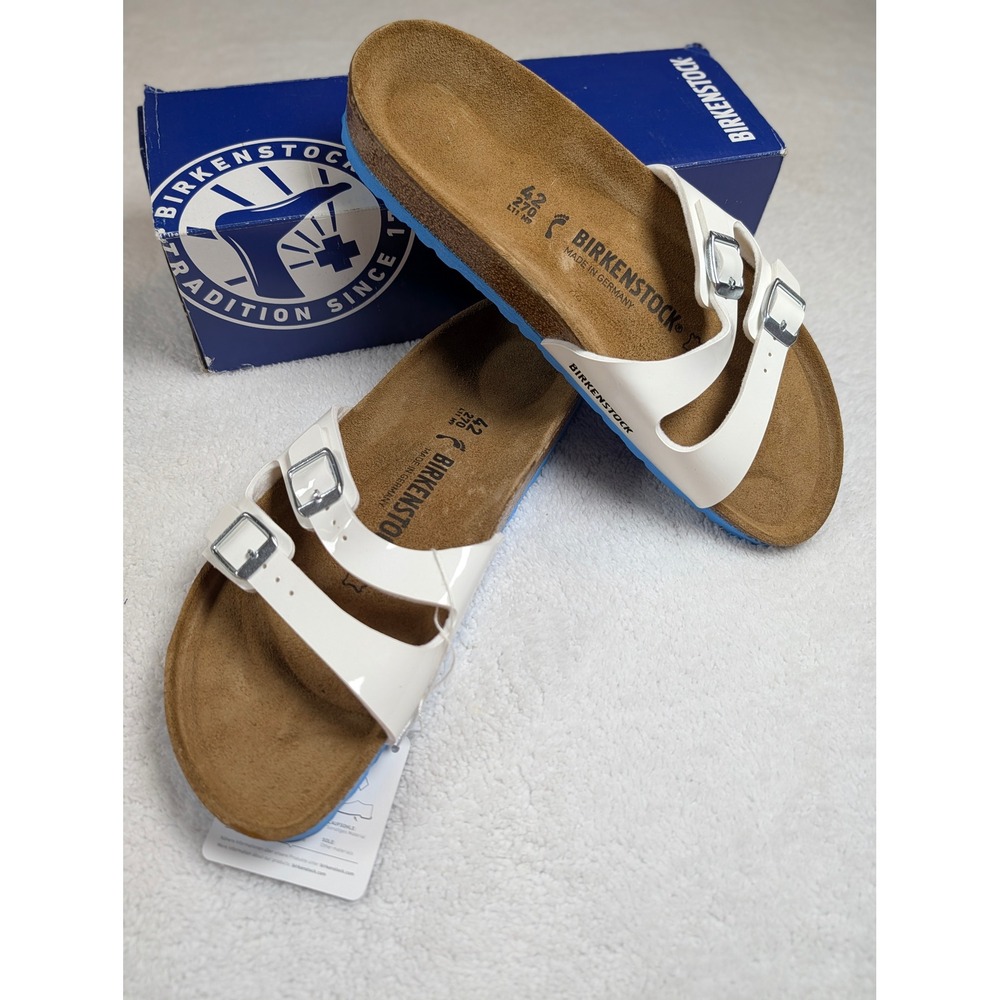 Birkenstock Arizona White Patent Blue Sole Sandals 42 L11 M9 New in Box